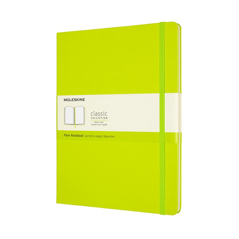 XL Lemon Green Moleskine Notebook with acid-free pages, elastic closure, and expandable pocket for creative note-taking.