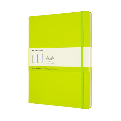 XL Lemon Green Moleskine Notebook with acid-free pages, elastic closure, and expandable pocket for creative note-taking.