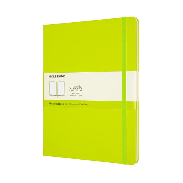 XL Lemon Green Moleskine Notebook with acid-free pages, elastic closure, and expandable pocket for creative note-taking.