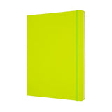 Moleskine XL notebook in vibrant lemon green, featuring smooth ivory pages, elastic closure, and expandable pocket for notes.