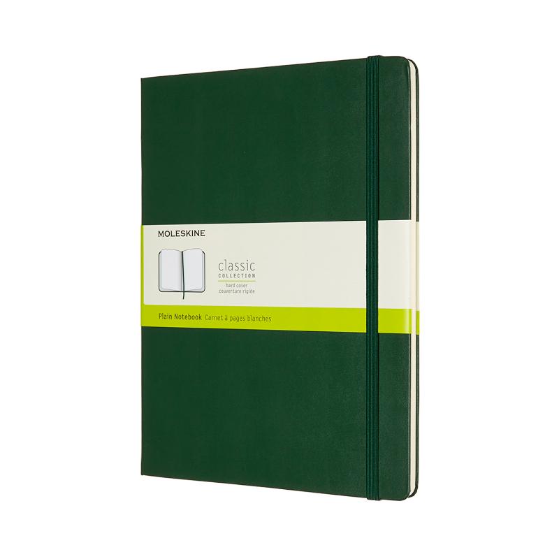 Moleskine XL Myrtle Green notebook with hard cover, plain pages, elastic closure, ribbon bookmark, and expandable back pocket.