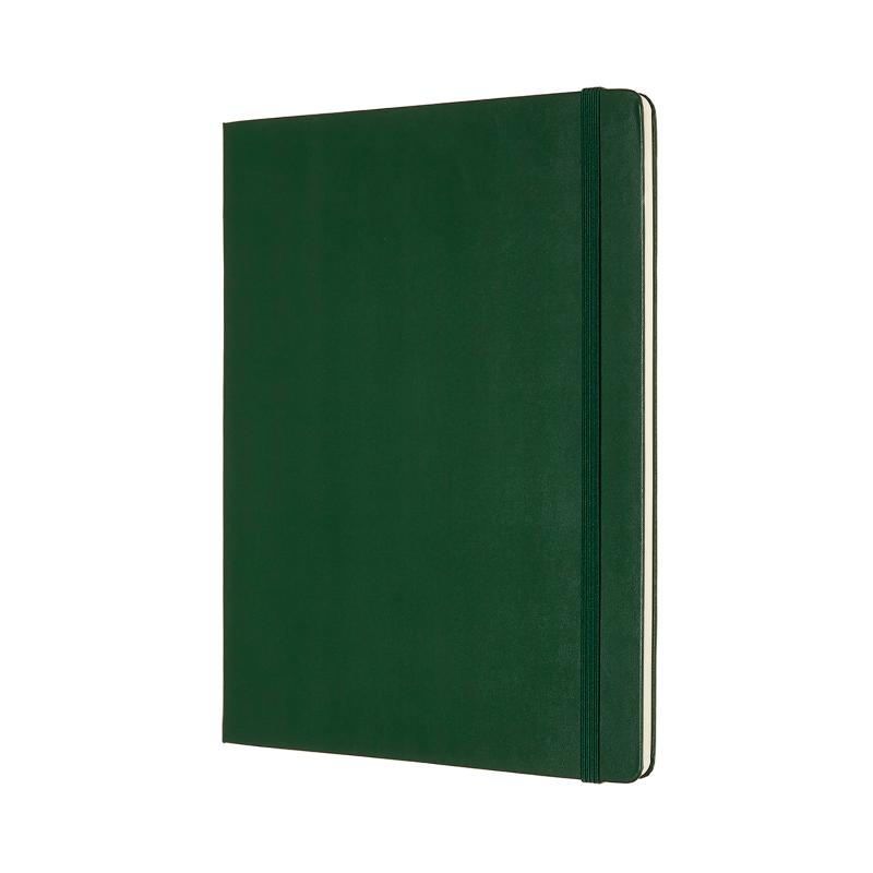 Moleskine XL Myrtle Green notebook with hard cover, plain ivory pages, elastic closure, and ribbon bookmark for creative use.