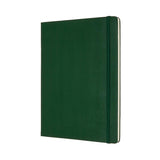 Moleskine XL Myrtle Green notebook with hard cover, plain ivory pages, elastic closure, and ribbon bookmark for creative use.