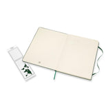 Moleskine XL Myrtle Green Notebook with hard cover, plain ivory pages, elastic closure, and ribbon bookmark for creativity.