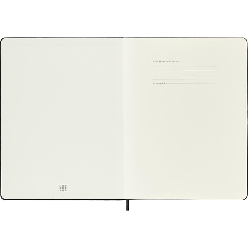 Moleskine XL black hard cover notebook with plain pages, elastic closure, ribbon bookmark, and expandable back pocket.