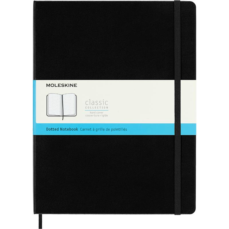 Moleskine XL Black Hard Cover Dot notebook with elastic closure, ribbon bookmark, and versatile dot grid pages for creativity.