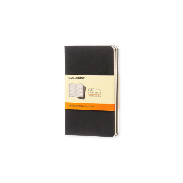 Pack of 3 Moleskine Cahier Journals with flexible black covers, ruled pages, and visible stitching for everyday creativity.