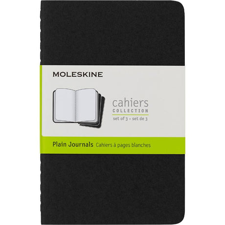 Set of three pocket-sized Moleskine Cahier Journals with customizable black covers and detachable pages for convenient note-taking.