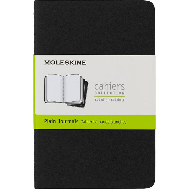 Set of three pocket-sized Moleskine Cahier Journals with customizable black covers and detachable pages for convenient note-taking.