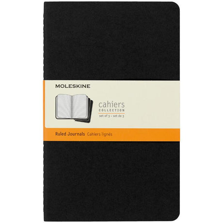 Pack of 3 Moleskine Cahier Journals, large, black, ruled with customizable covers and detachable pages for organized note-taking.