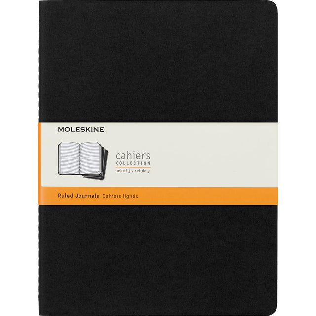 Moleskine Cahier Journals XL pack of 3 with black ruled paper and customisable covers for note-taking and creative expression.