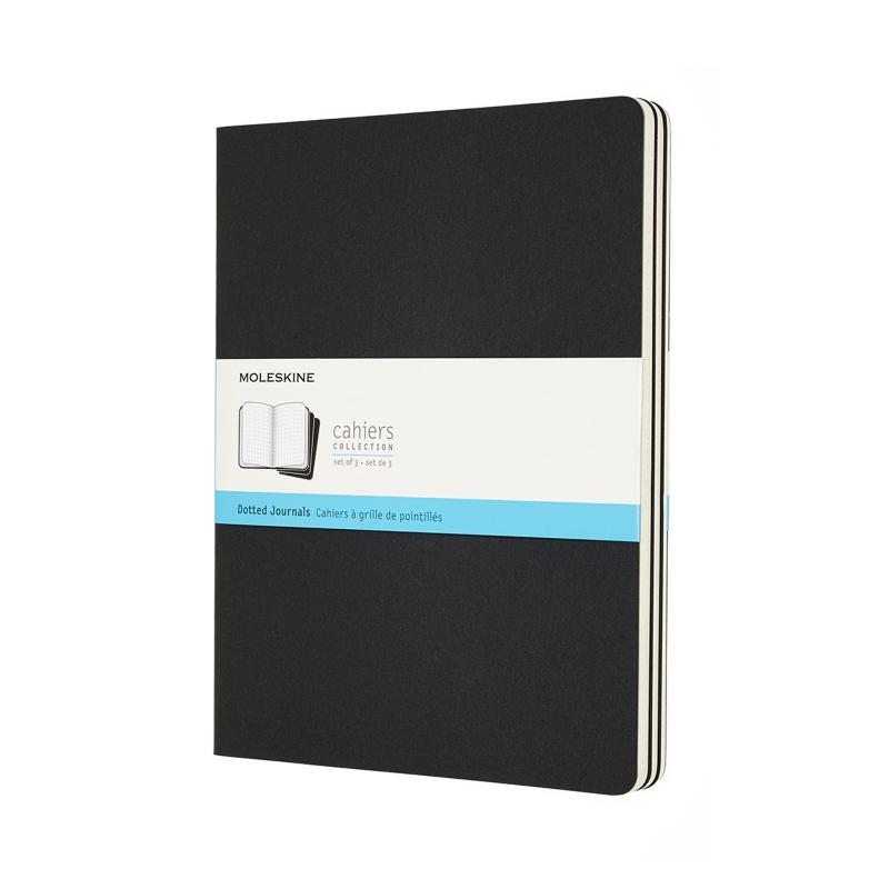 Moleskine Cahier Journal XL Dot in black, pack of 3, featuring customizable covers and detachable pages for easy note-sharing.