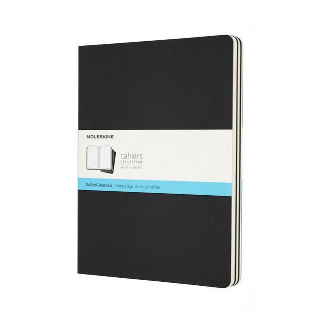 Moleskine Cahier Journal XL Dot in black, pack of 3, featuring customizable covers and detachable pages for easy note-sharing.