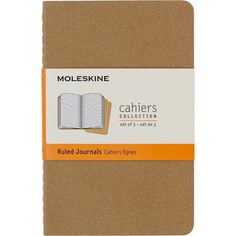 Pack of 3 Moleskine Cahier Journals with kraft brown covers, ruled pages, and durable stitching for creative note-taking.