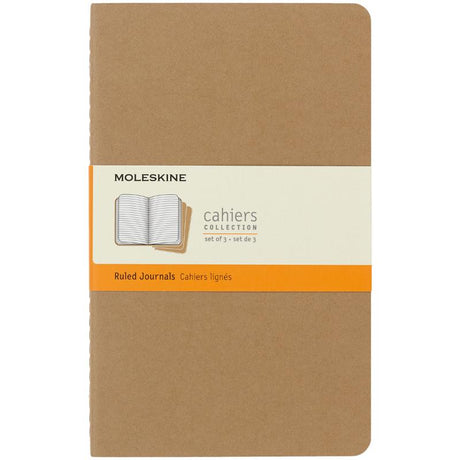 Moleskine Cahier Journals Large Kraft Brown in pack of 3, featuring customizable covers and durable stitching for everyday use.