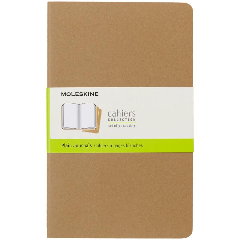 Large kraft brown Moleskine Cahier journals pack of 3, featuring customizable covers, detachable pages, and visible stitching.