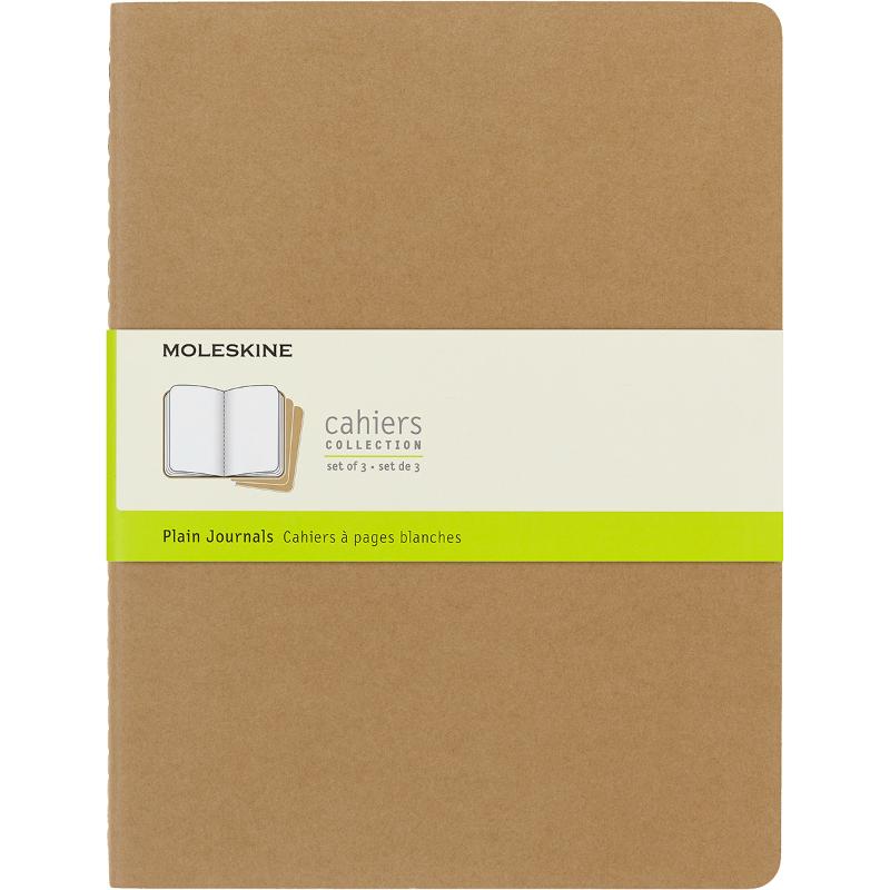 Set of 3 Moleskine Cahier Journals XL in Kraft Brown, featuring customizable covers and acid-free pages for notes and sketches.