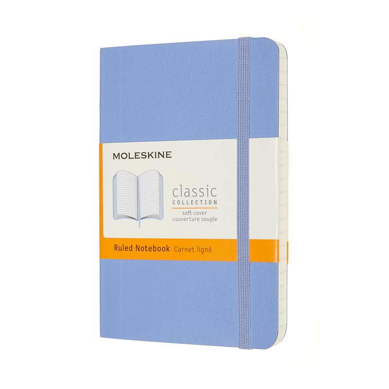 Hydrangea blue Moleskine notebook with ruled pages, elastic closure, and expandable pocket for notes and mementos.