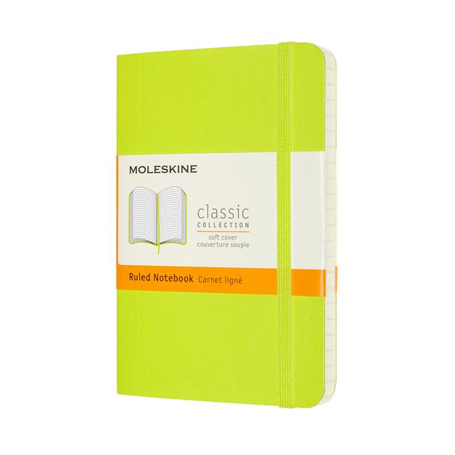 Lemon Green Moleskine Notebook with ruled pages, elastic closure, ribbon bookmark, and expandable inner pocket for organization.