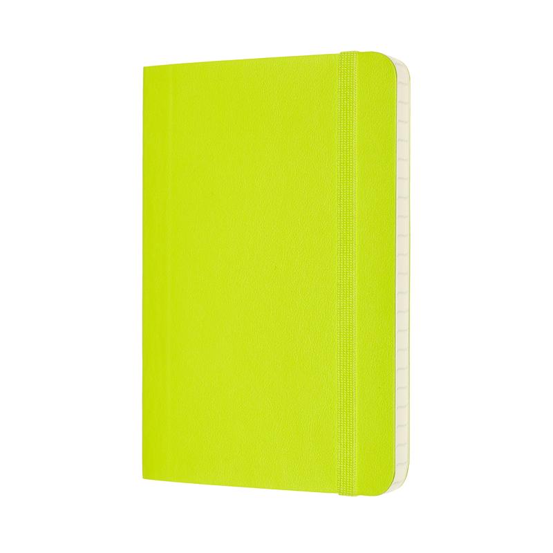 Lemon Green Moleskine Pocket Notebook with ruled pages, elastic closure, ribbon bookmark, and expandable pocket for notes.