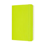 Lemon Green Moleskine Pocket Notebook with ruled pages, elastic closure, ribbon bookmark, and expandable pocket for notes.