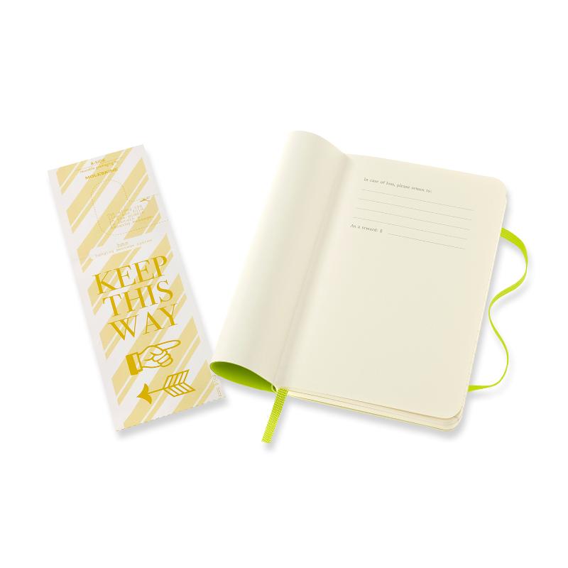 Lemon Green Moleskine Pocket Notebook with ruled ivory paper, elastic closure, bookmark, and expandable back pocket.