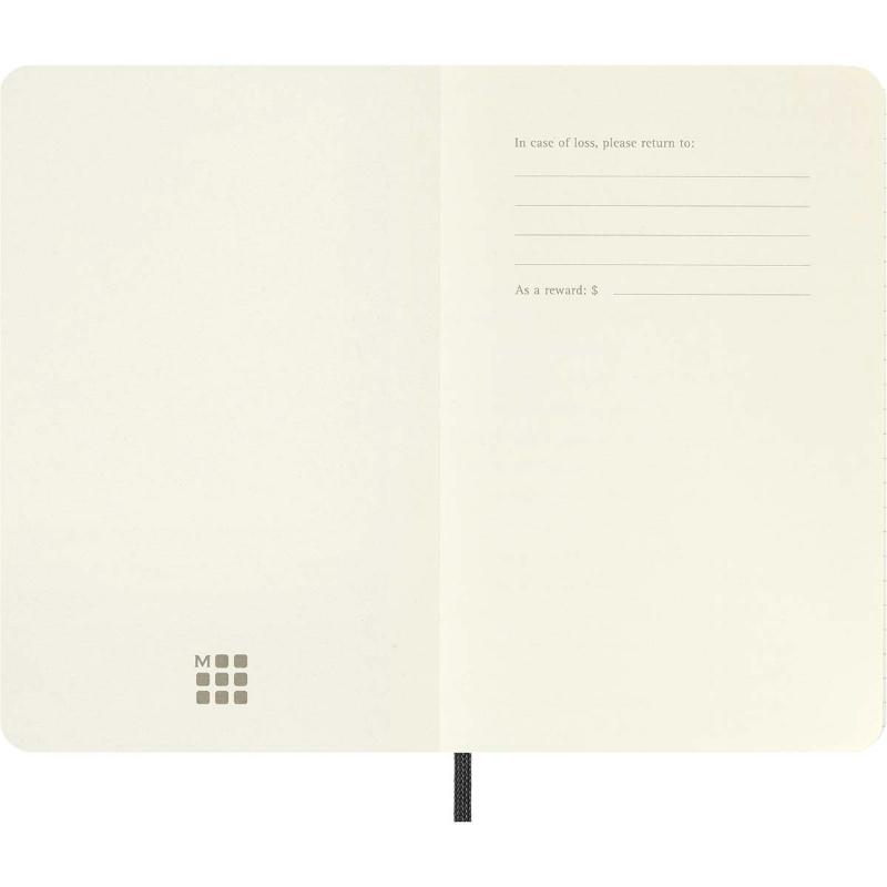 Moleskine Pocket Notebook, black soft cover, square design, featuring elastic closure, ribbon bookmark, and acid-free ivory pages.