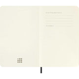 Moleskine Pocket Notebook, black soft cover, square design, featuring elastic closure, ribbon bookmark, and acid-free ivory pages.