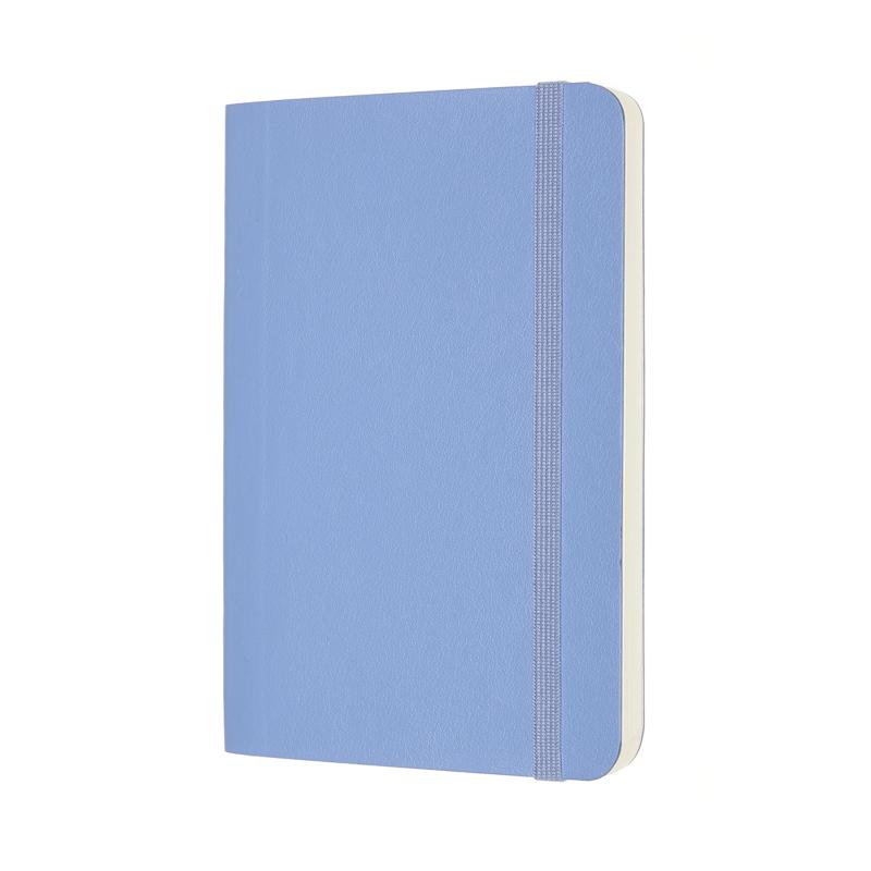 Moleskine Pocket Notebook in Hydrangea Blue Soft with ivory pages, elastic closure, bookmark, and expandable inner pocket.