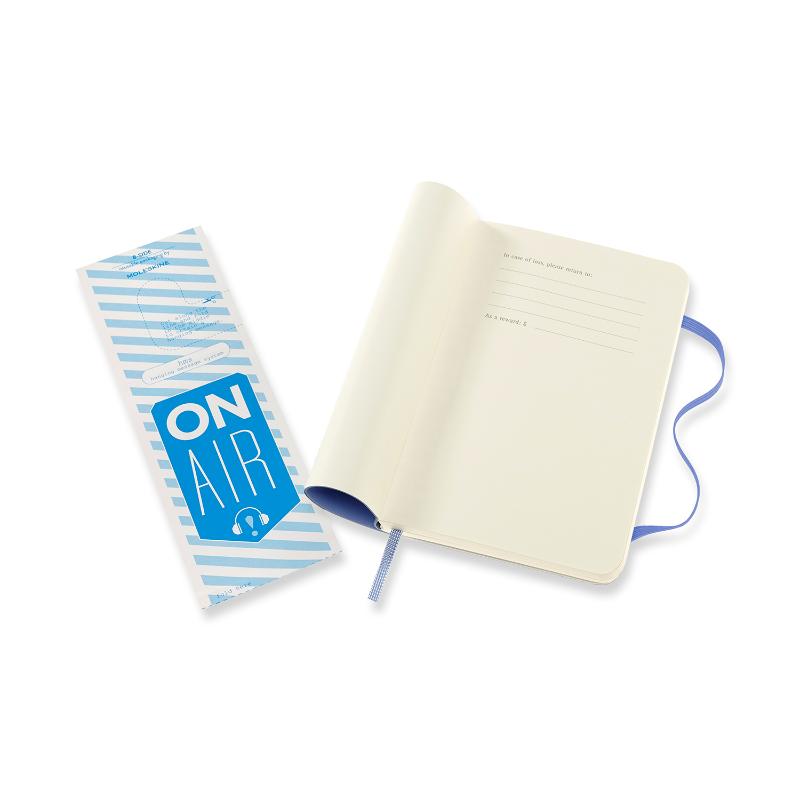 Moleskine Pocket Notebook in Hydrangea Blue Soft, featuring ivory pages, elastic closure, and expandable back pocket.