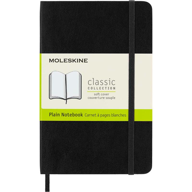 Pocket-sized Moleskine notebook with soft black cover, ivory acid-free pages, elastic closure, and expandable back pocket.