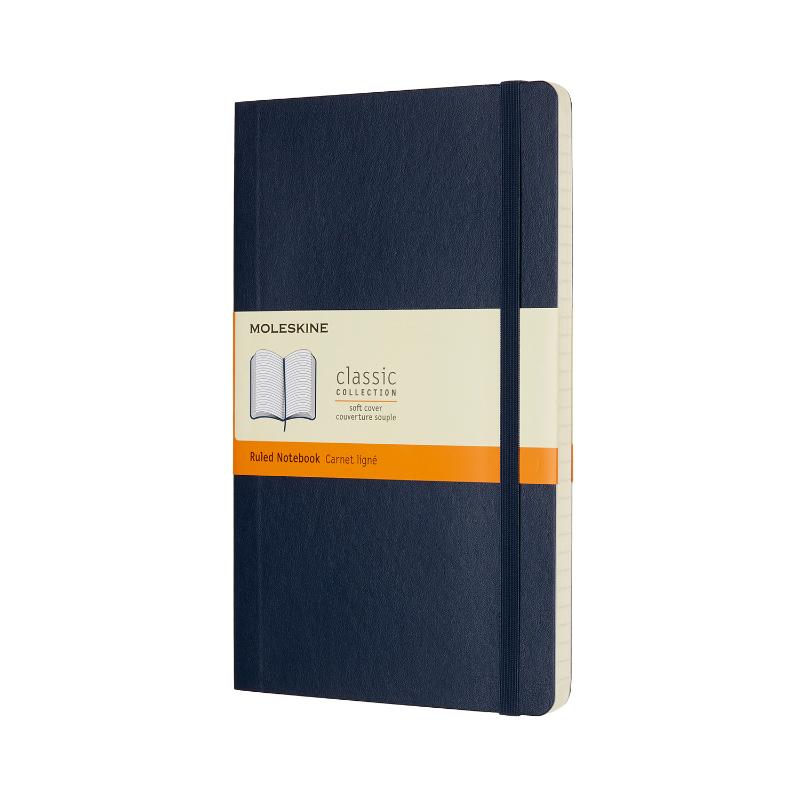 Moleskine Large Ruled Notebook in Sapphire Blue, featuring soft ivory pages and an elastic closure for secure note-taking.