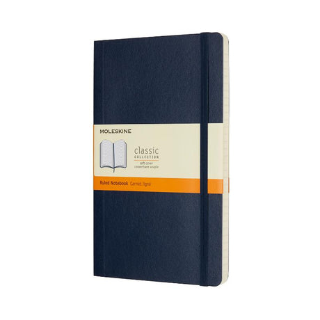 Moleskine Large Ruled Notebook in Sapphire Blue, featuring soft ivory pages and an elastic closure for secure note-taking.