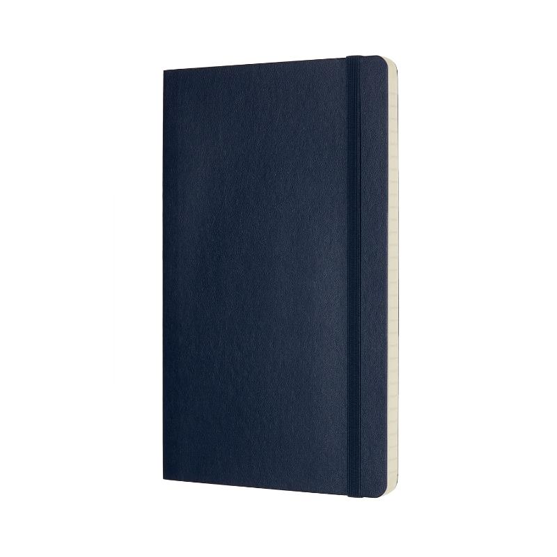 Moleskine large ruled notebook in sapphire blue with soft cover, elastic closure, and ivory acid-free pages for creativity.