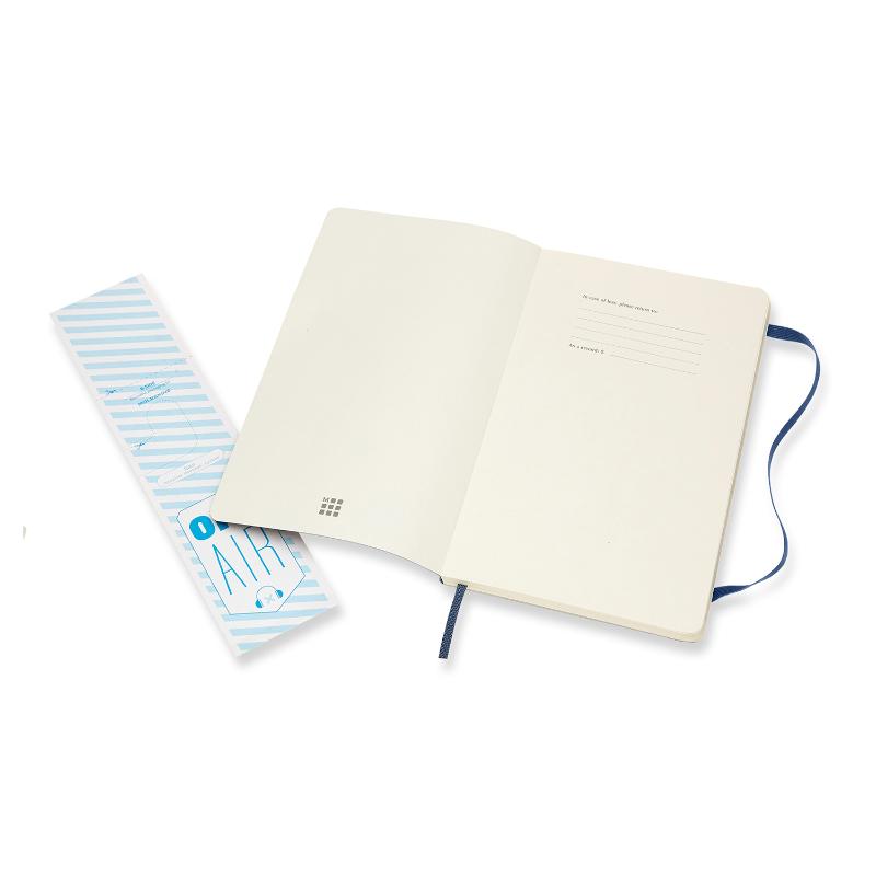 Sapphire blue Moleskine Notebook with ruled pages, elastic closure, and expandable pocket for storing notes and mementos.