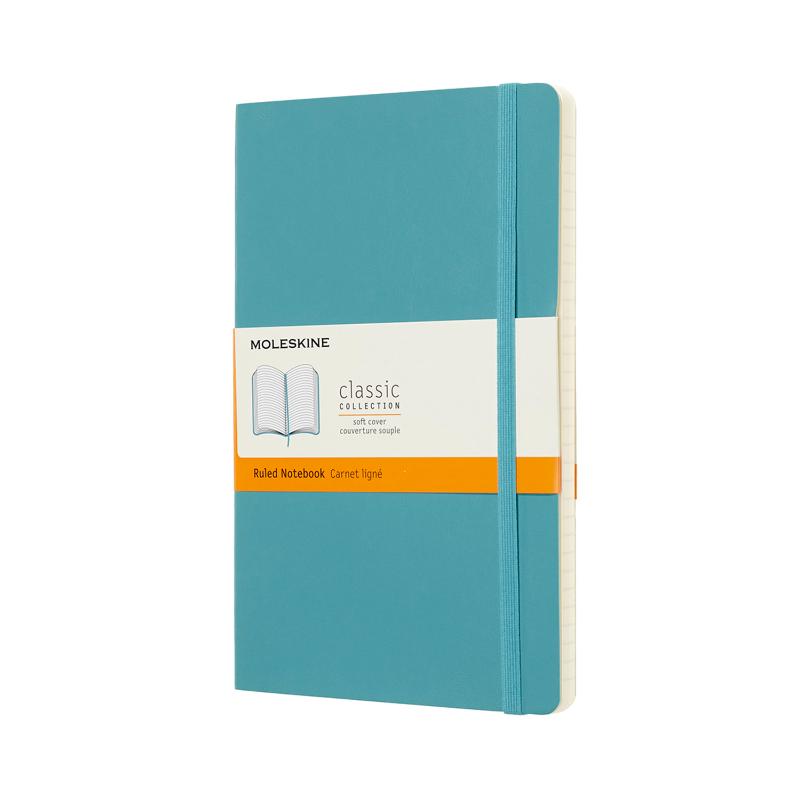 Moleskine Large Ruled Notebook in reef blue, featuring a soft cover, acid-free pages, elastic closure, and expandable pocket.