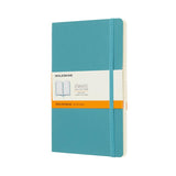 Moleskine Large Ruled Notebook in reef blue, featuring a soft cover, acid-free pages, elastic closure, and expandable pocket.