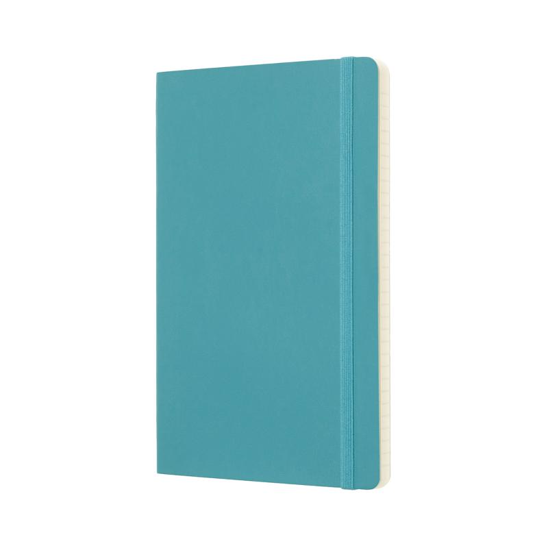 Moleskine Large Ruled Notebook in reef blue with a soft cover, ideal for jotting notes and creative ideas, lies flat and opens 180 degrees.