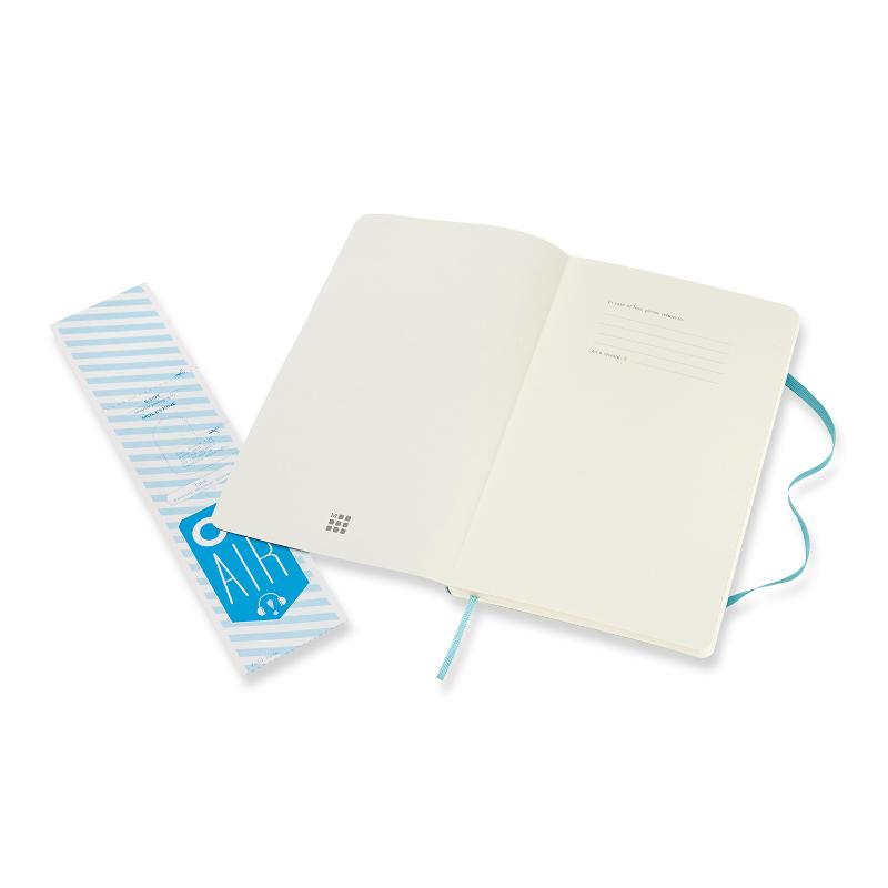 Moleskine Large Ruled Notebook in Reef Blue, featuring soft cover, acid-free pages, elastic closure, and expandable pocket.