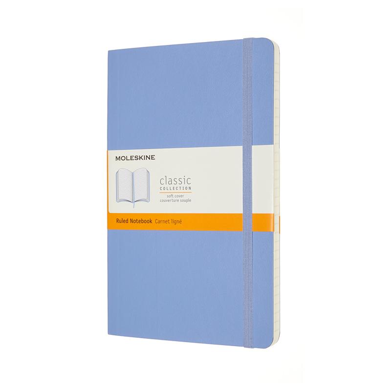 Moleskine Large Ruled Notebook in hydrangea blue, featuring 240 soft pages, elastic closure, and expandable back pocket.