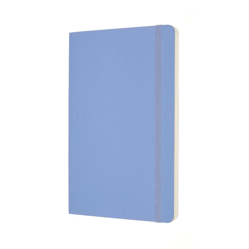 Elegant hydrangea blue soft cover Moleskine notebook with 240 ruled pages, elastic closure, and expandable back pocket.