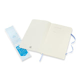 Large hydrangea blue Moleskine notebook with soft cover, 240 ruled pages, elastic closure, and expandable back pocket.