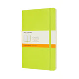 Vibrant lemon green Moleskine notebook with ruled pages, elastic closure, and expandable pocket for notes and mementos.