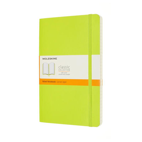 Vibrant lemon green Moleskine notebook with ruled pages, elastic closure, and expandable pocket for notes and mementos.