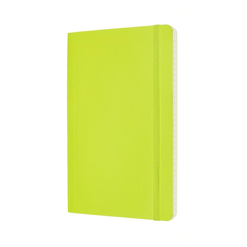 Bright lemon green Moleskine notebook with ruled pages, soft cover, elastic closure, and ribbon bookmark for organized writing.