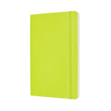 Bright lemon green Moleskine notebook with ruled pages, soft cover, elastic closure, and ribbon bookmark for organized writing.