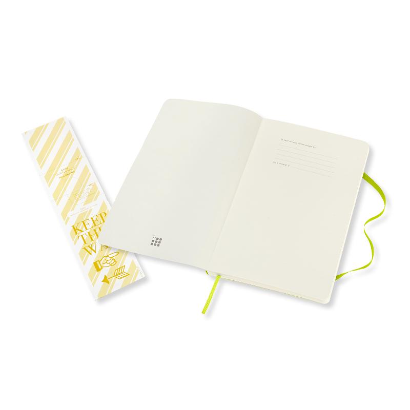 Moleskine large ruled lemon green notebook with soft cover, elastic closure, and expandable pocket for notes and mementos.