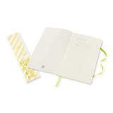 Moleskine large ruled lemon green notebook with soft cover, elastic closure, and expandable pocket for notes and mementos.