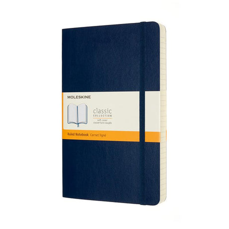 Moleskine Notebook in Sapphire Blue, 400 ruled pages, elastic closure, expandable pocket, and two bookmarks for organization.