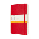 Large scarlet red Moleskine notebook with 400 pages, ribbon bookmarks, expandable pocket, and acid-free ivory paper.